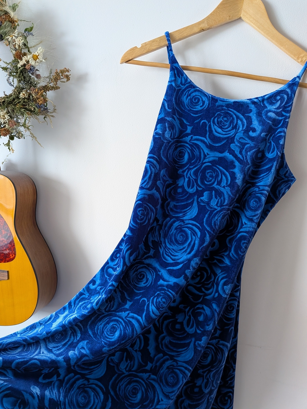 Whimsigoth Vintage Blue Rose-Print Velvet Dress - Women